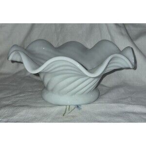 Vintage Milk Glass Footed Fluted White Pressed Glass Ribbed Dish 3.5" H x 7" W